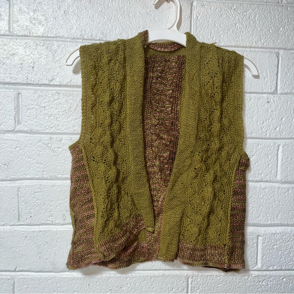 hand-knitted sleeveless open-front vest green and brown color Handmade Crochet